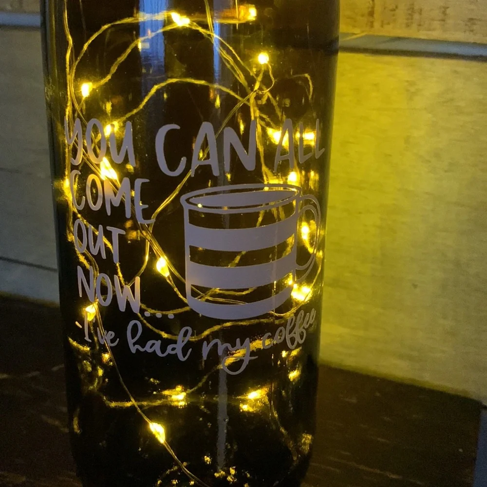 OOAK, Hand Crafted- Coffee logo brown Wine Bottle lantern